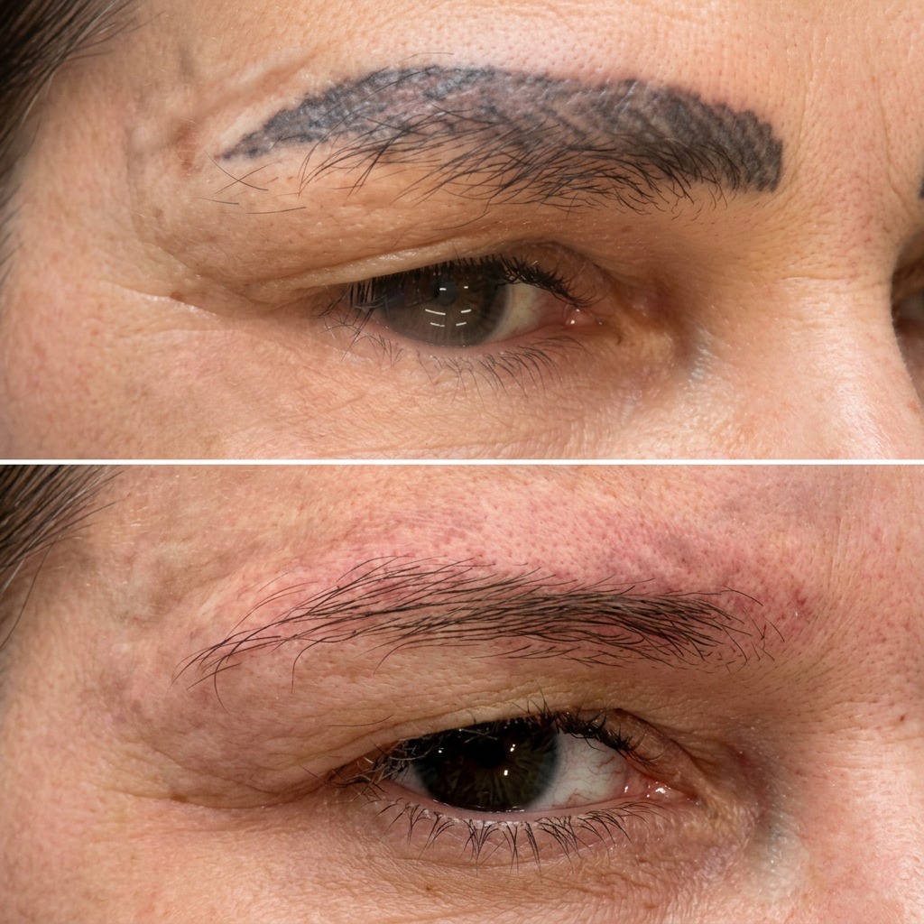 Remoção de micropigmentação de sobrancelha — antes e depois